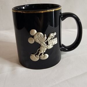 The Walt Disney Studios Black Coffee Mug Gold Trim Pewter Mickey Mouse 3D Emblem
